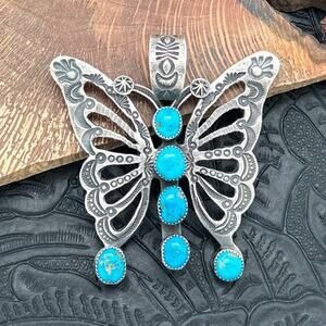 KEVIN BILLAH Navajo Sterling Silver & Kingman Turquoise Butterfly Pendant Stamps